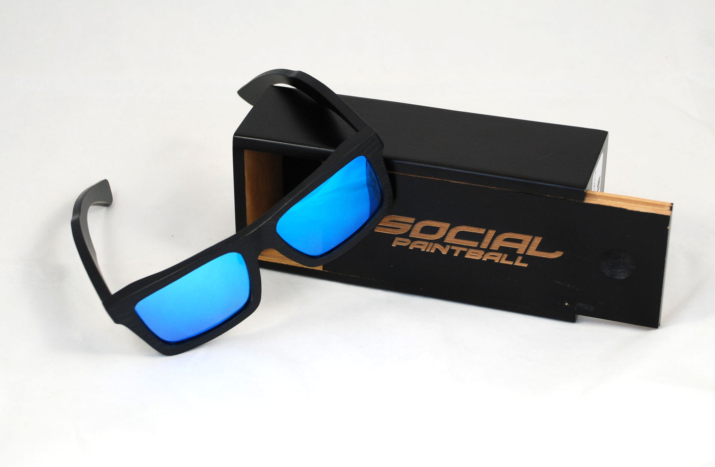 Social Paintball Sunglasses - Black Bamboo with Blue Lens - Social Paintball