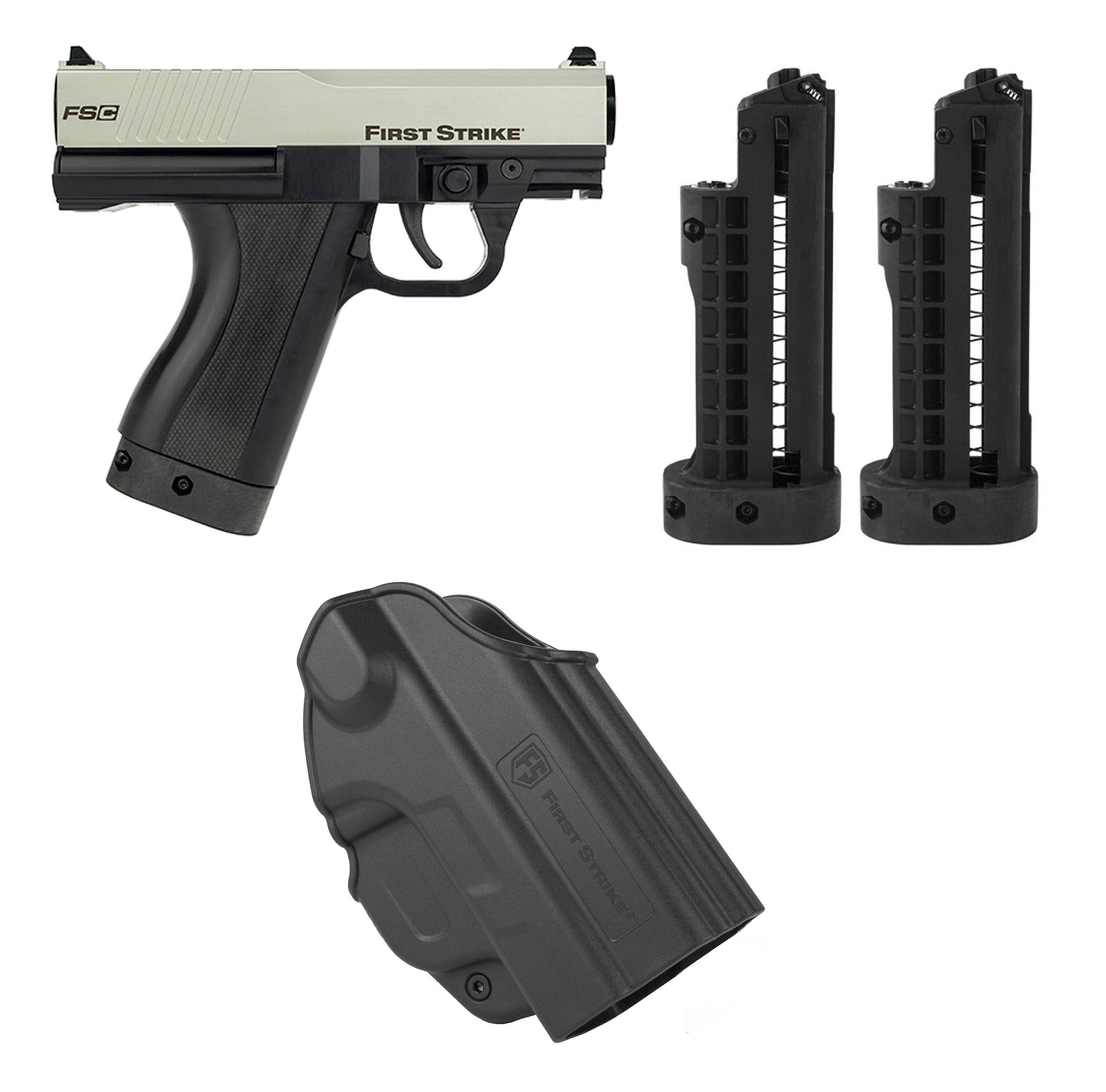 First Strike FSC (First Strike Compact) Paintball Pistol with Holster and 3 Mags - Silver/Black - First Strike