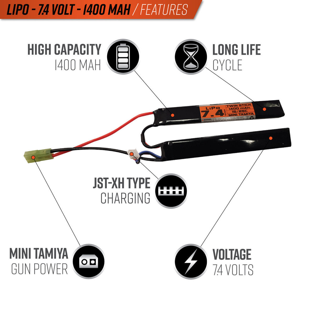 Valken Energy LiPo 7.4V 1400mAh 15/25C Twin Stick Style Airsoft Battery