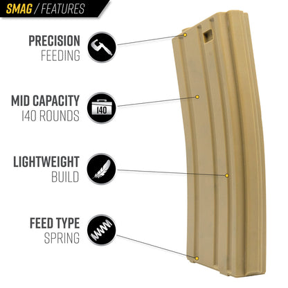 Valken Tactical SMAG 140 Round Mid Cap Airsoft Magazines - 5 Pack Box - Dust Tan